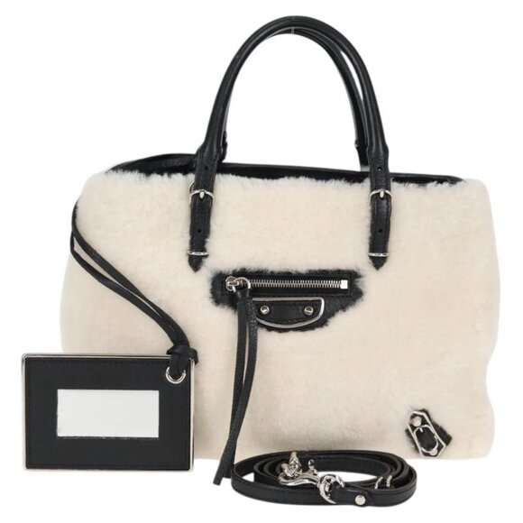 BALENCIAGA Hand Bag Mouton 2way White Black Silver - Picture 1 of 16